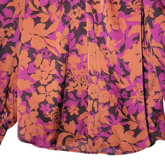 Pleione Floral Silky Blouse Scoop Neck Long Sleeve Purple Orange Black Top Large - Picture 6 of 13